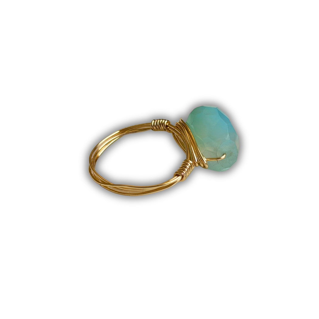 Aqua Chalcedony Gold Wire-Wrapped Ring