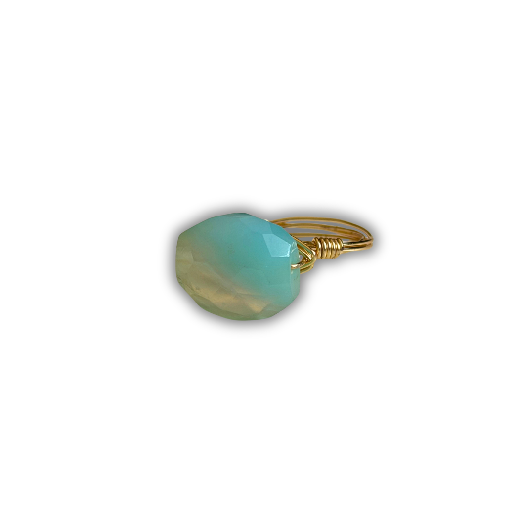 Aqua Chalcedony Gold Wire-Wrapped Ring