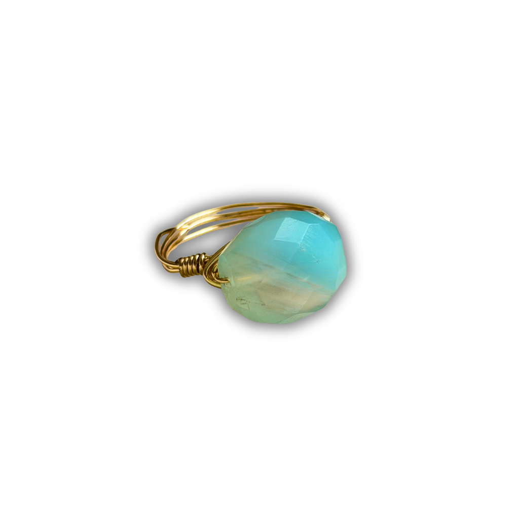 Aqua Chalcedony Gold Wire-Wrapped Ring