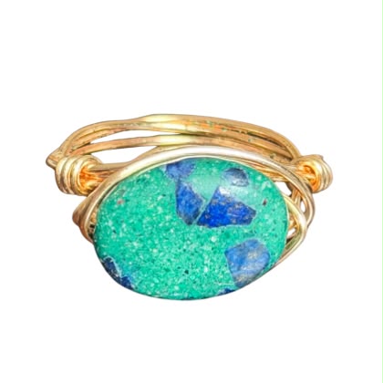 Azurite Malachite Gold Wire-Wrapped Ring