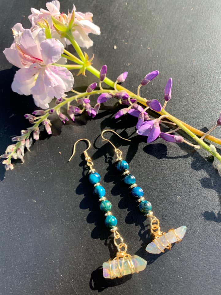 Blue Tiger Eye & Angel Aura Quartz Earrings
