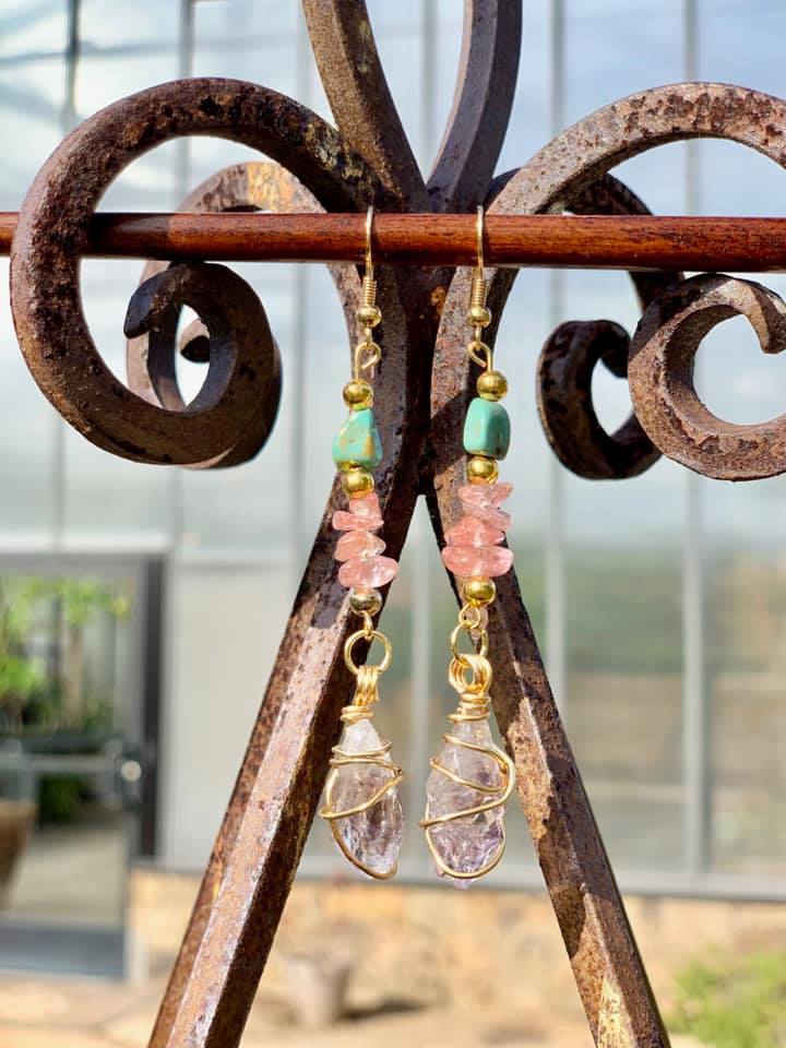 Chinese Turquoise, Cherry Quartz & Amethyst Earrings