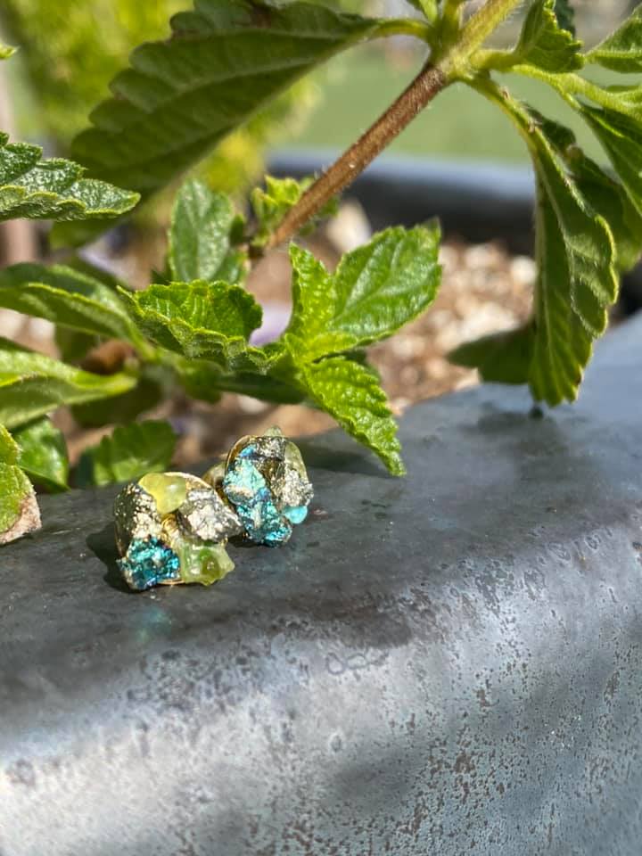 Peridot, Pyrite & Peacock Ore Earrings