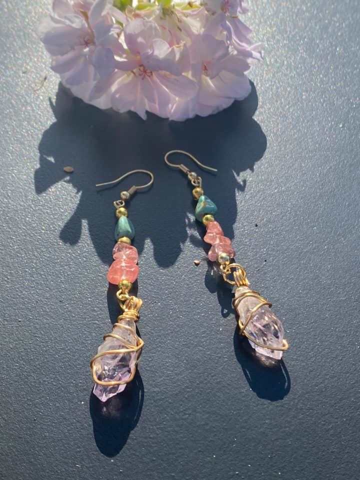 Green Turquoise, Cherry Quartz & Amethyst Earrings